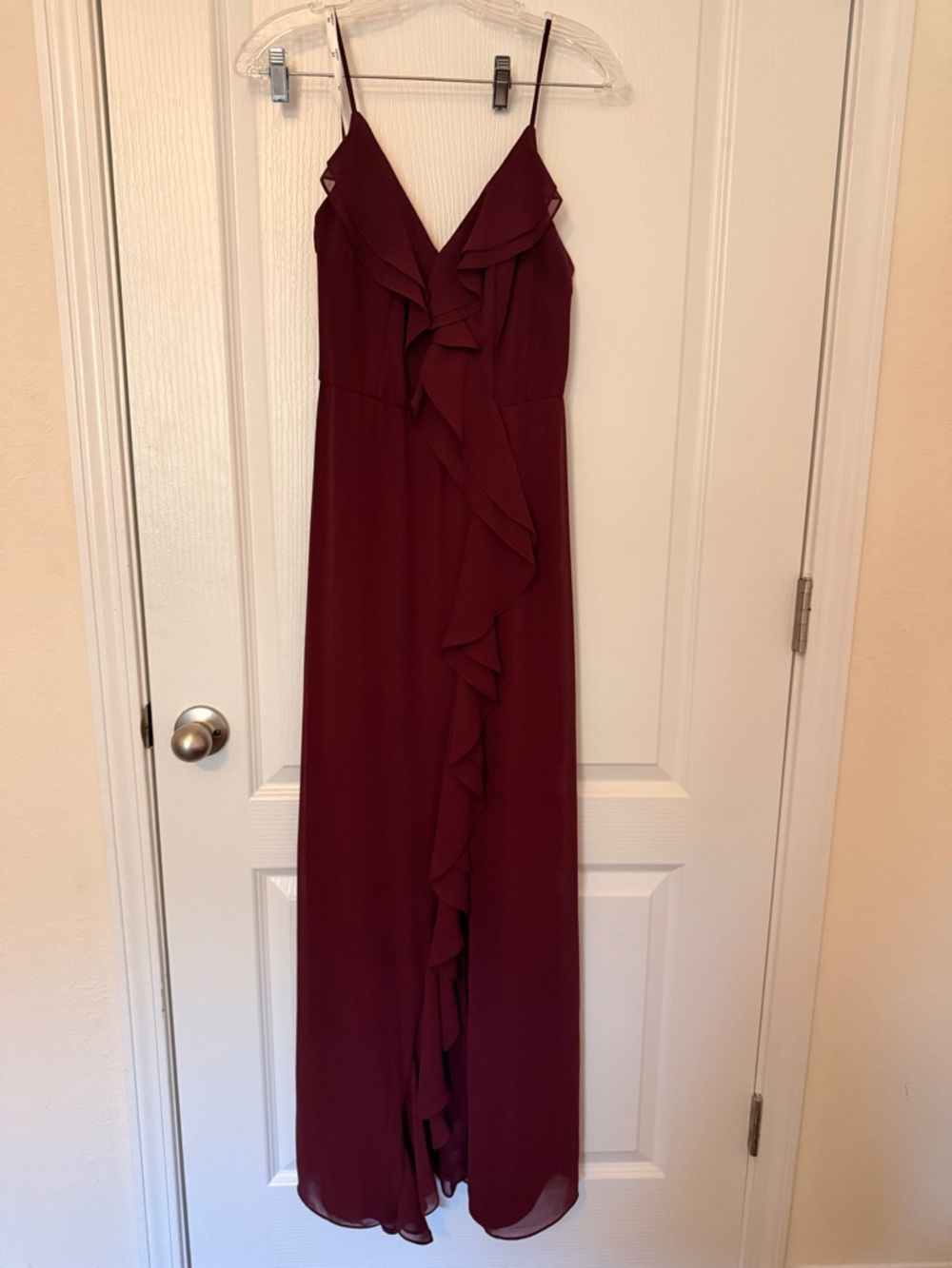 David's Bridal Burgundy Ruffle-Front Spaghetti Strap Maxi
